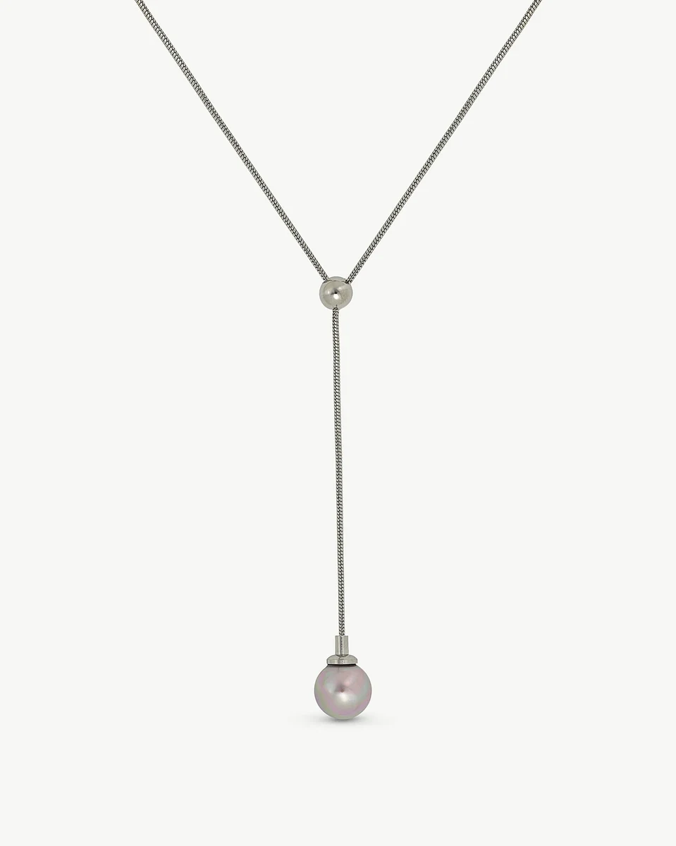 Fine chain necklace with hanging pearl, front view on a pure white background.
