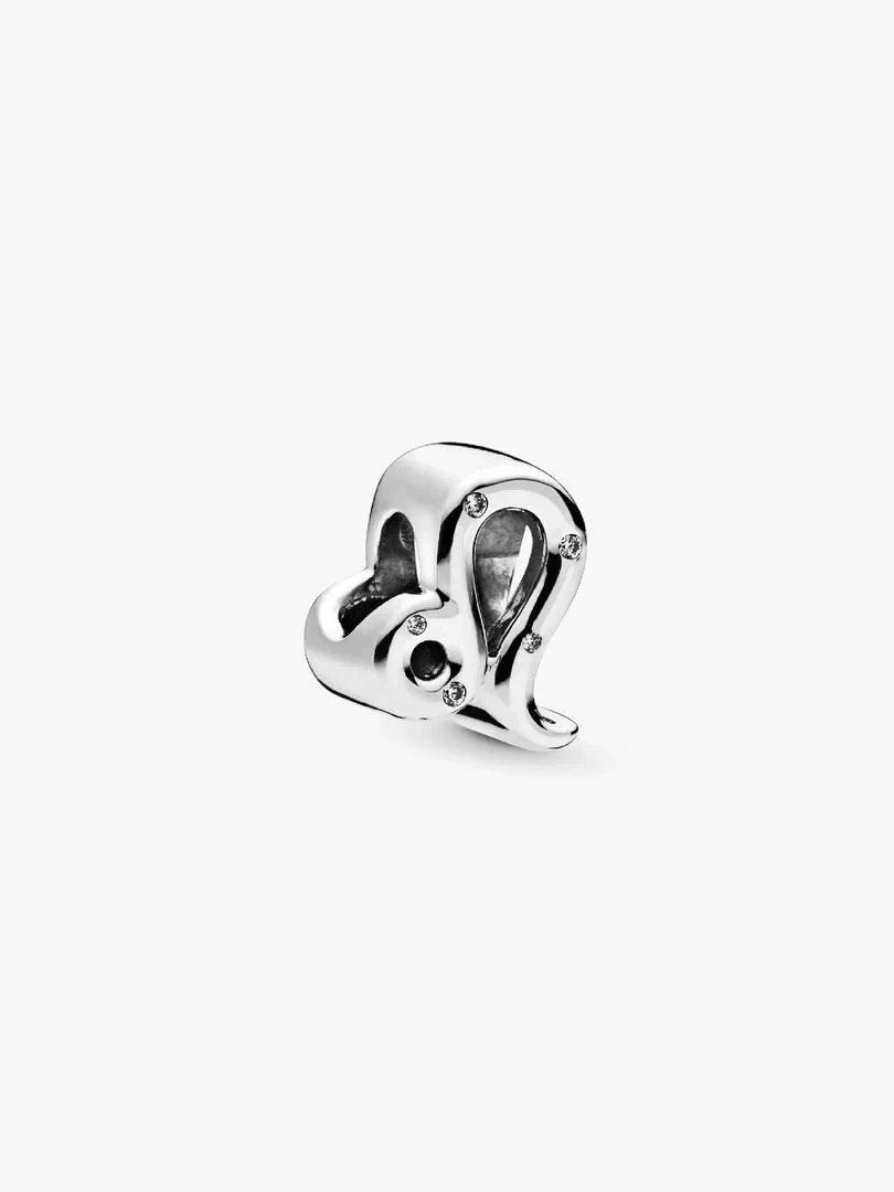 Silver charm with cubic zirconia, side angle view on a white background.