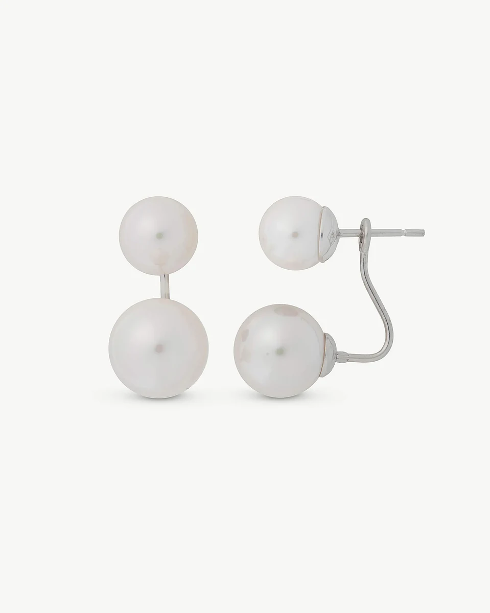 Front and side view of double pearl earrings on a white background, showing the stud closure.
