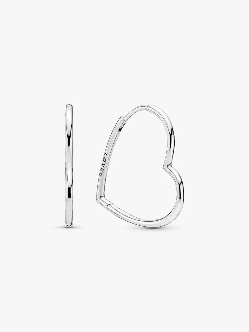 Pair of heart-shaped hoop earrings, front and side view, on a white background.