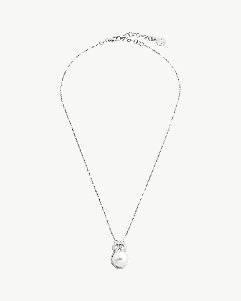 Silver necklace with white pearl, full frontal view on a pure white background.