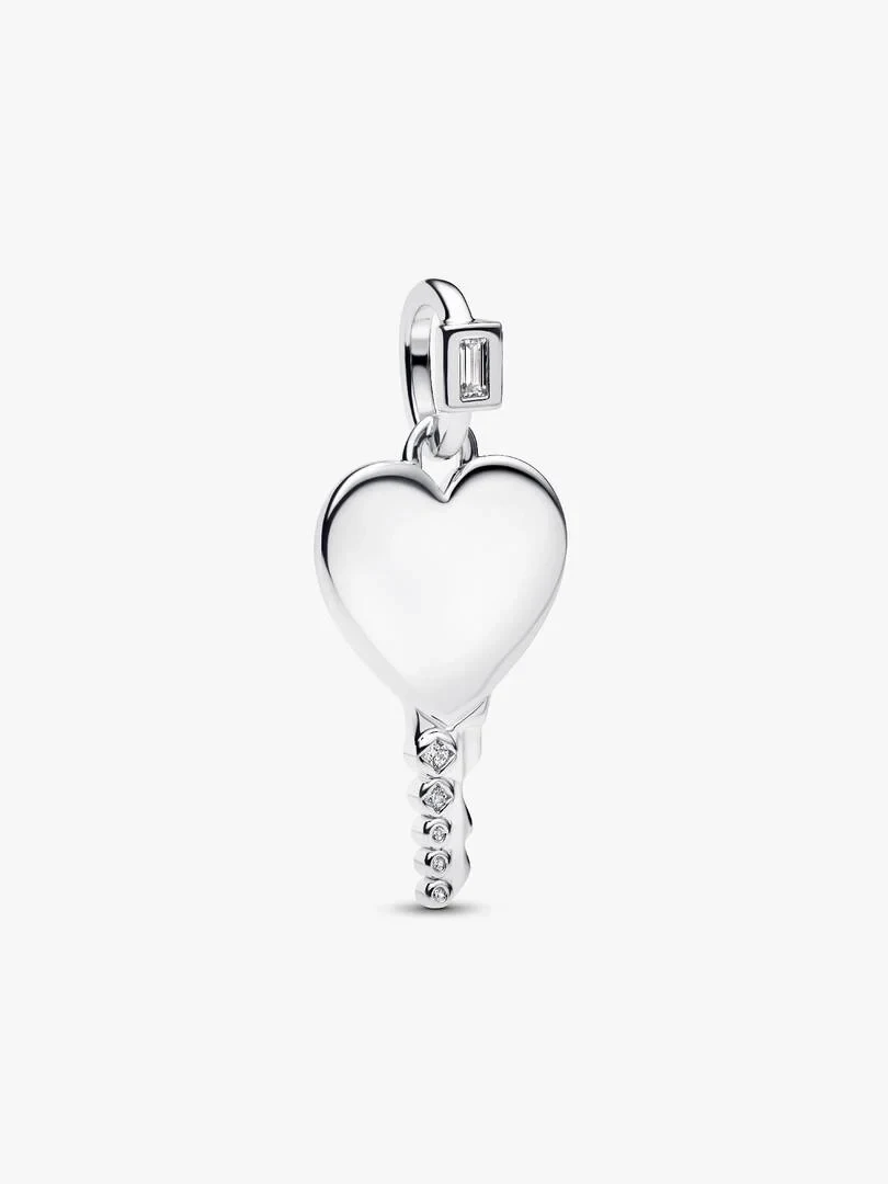 Front view of heart-shaped key pendant, white background, detailed cubic zirconia on the stem.