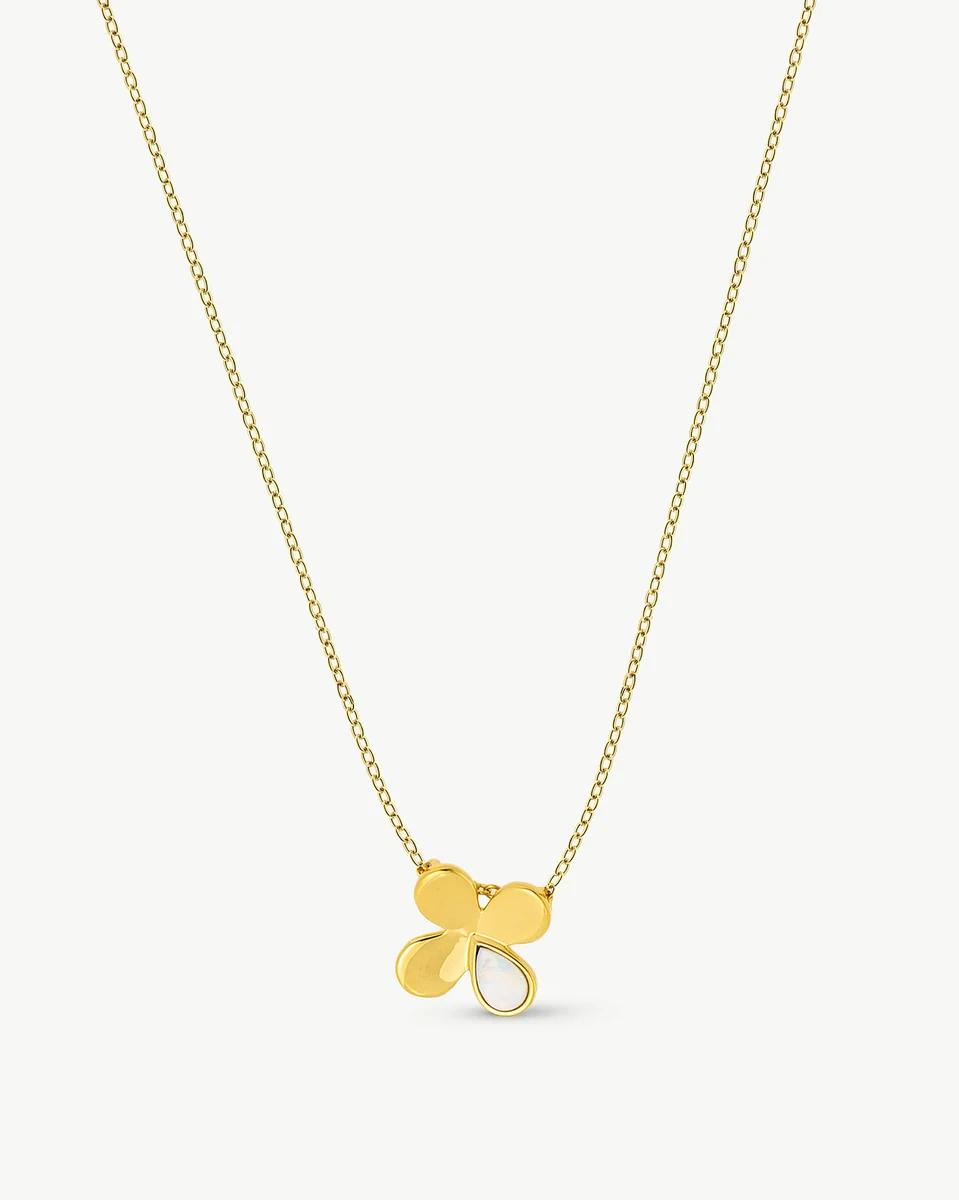 Gold-plated necklace with organic shaped pendant, front view on white background.