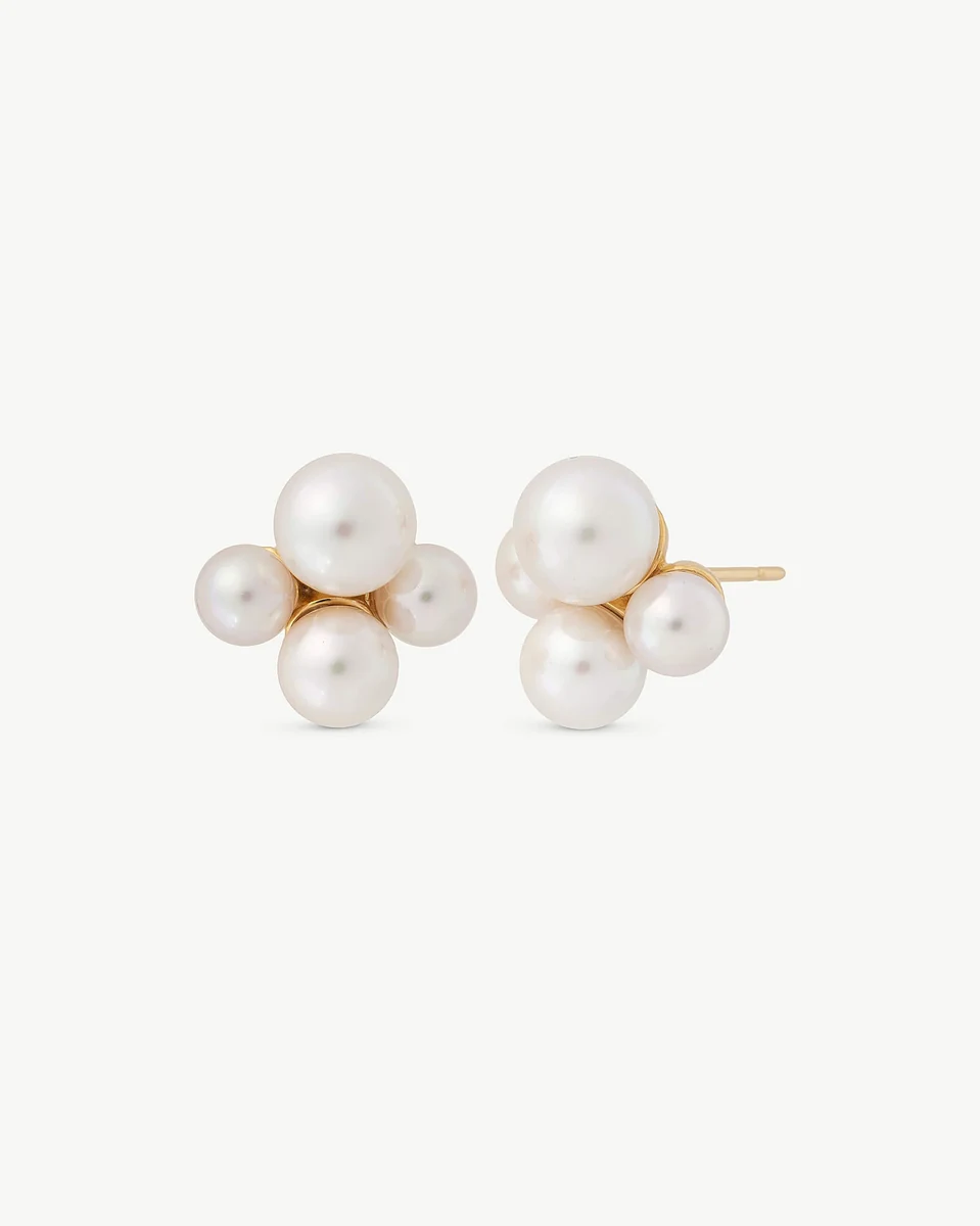 Front view of pearl earrings with graduated white pearls on a white background.