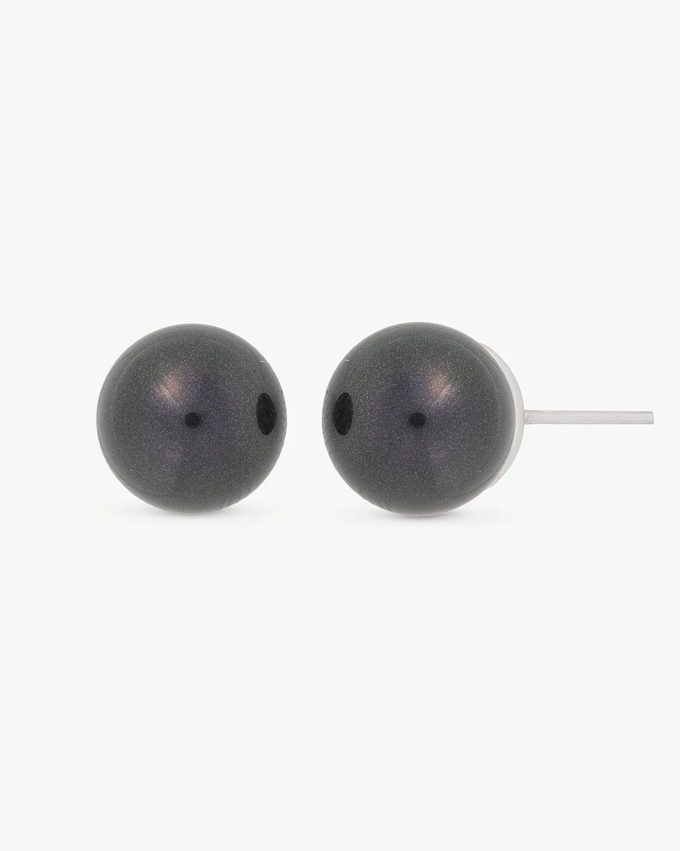 Front view of black pearl stud earrings on a white background, showing the side post.