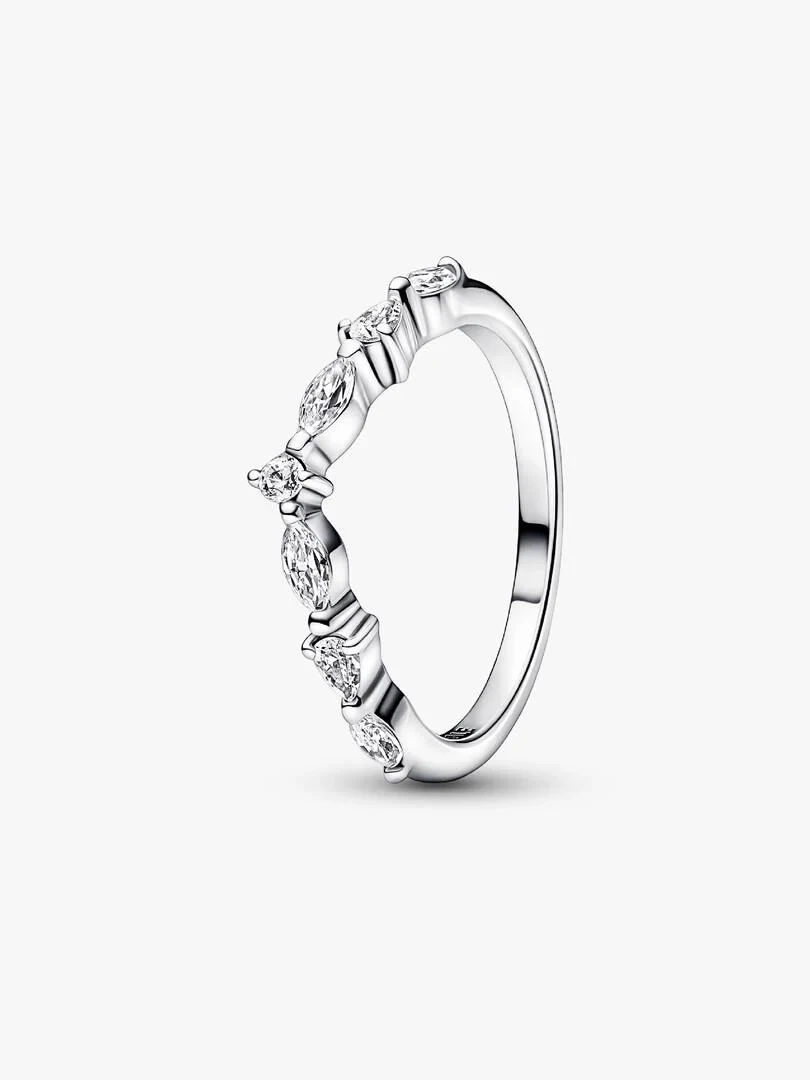 Silver ring with cubic zirconia shown from a side angle, pure white background.