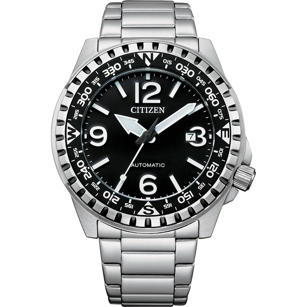 Vista frontal completa del reloj sobre fondo blanco, destacando la esfera negra y el brazalete de acero inoxidable.