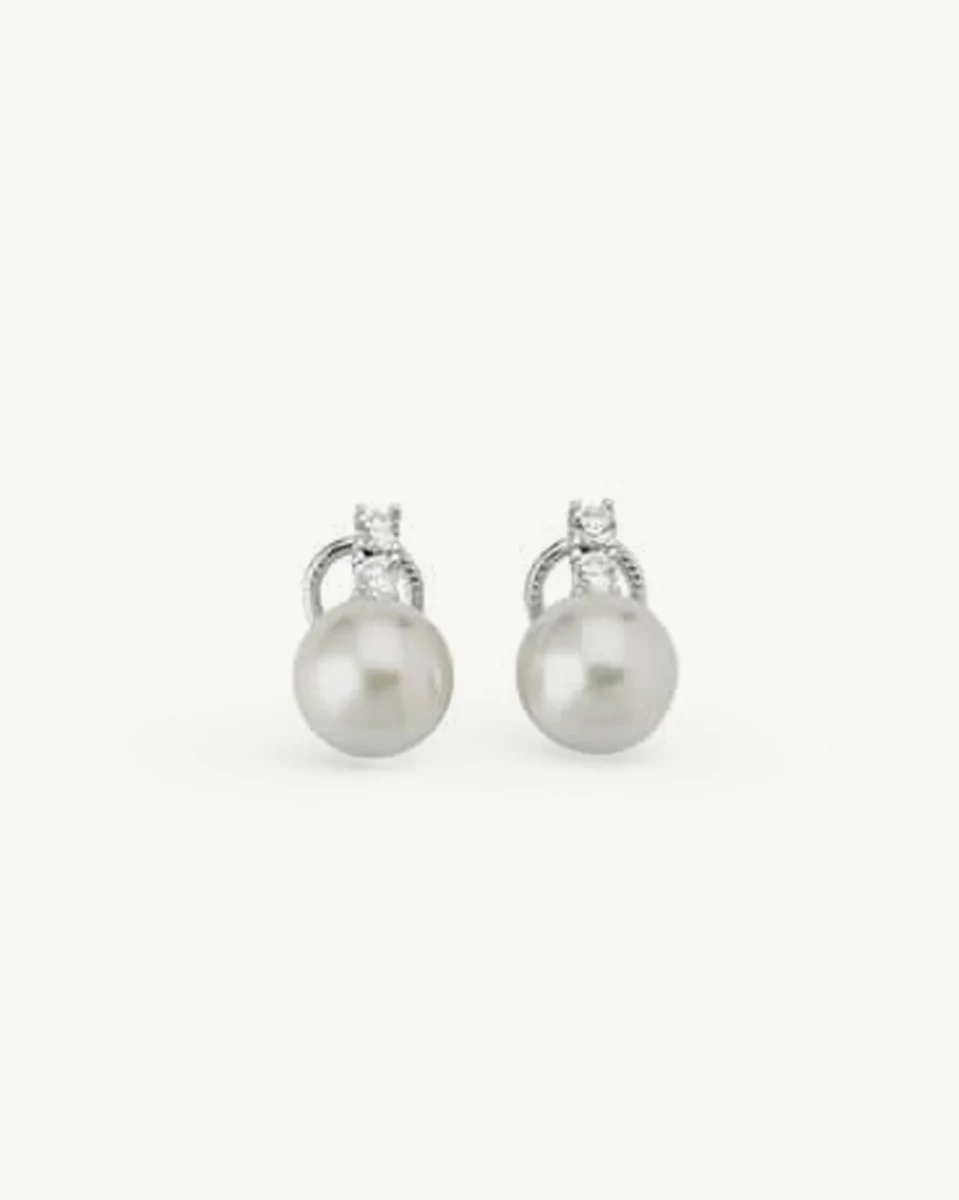 Front view of pearl and cubic zirconia earrings, centered composition on a white background.