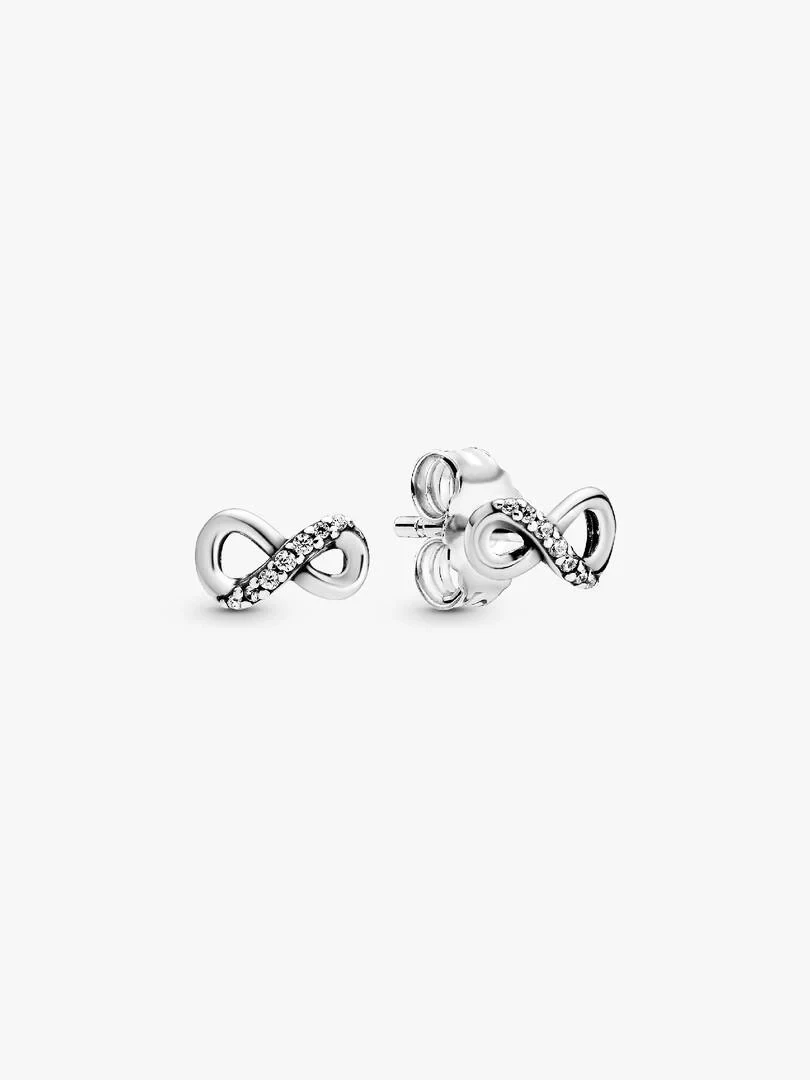 Pair of infinity-shaped stud earrings, front and side view, on a white background.