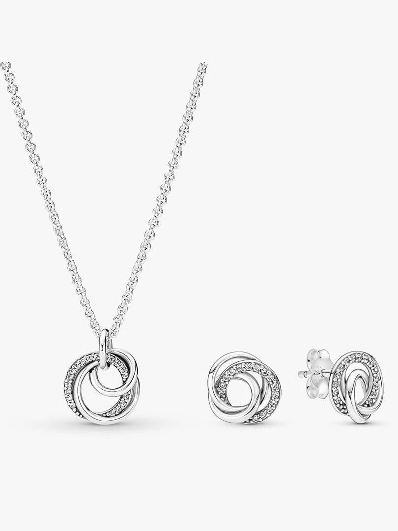 Interlocking circle necklace and stud earrings set, front view on a white background.