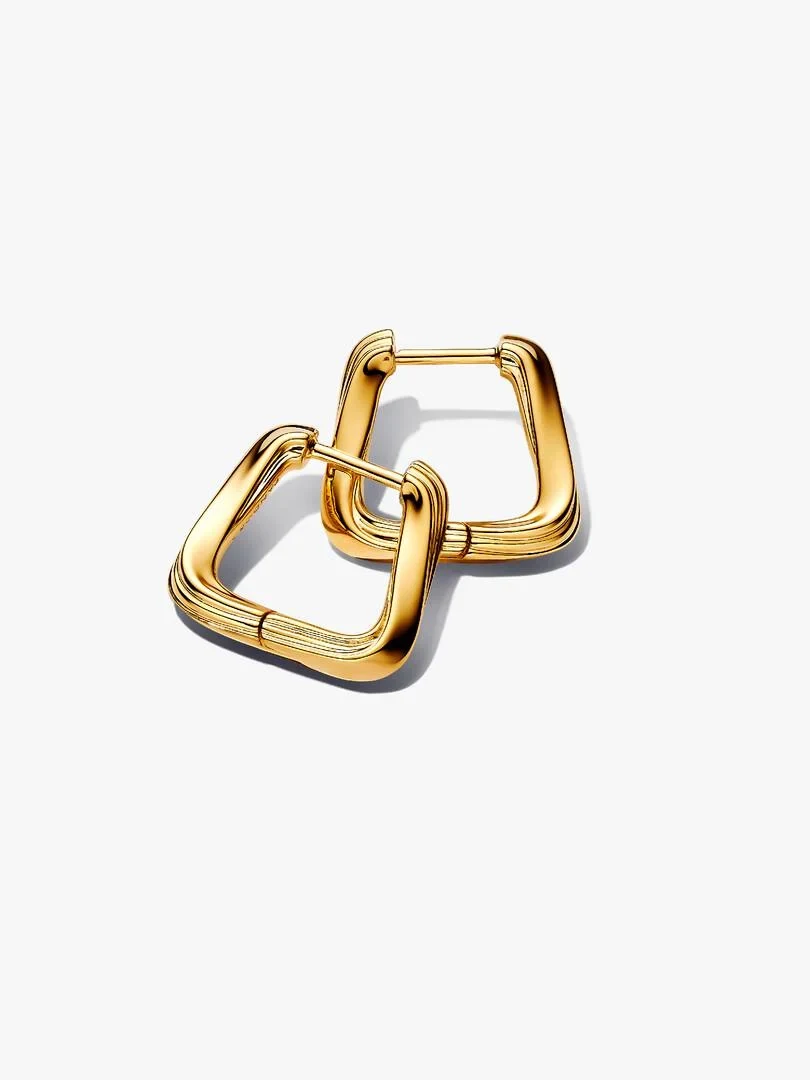 Pair of triangle hoop earrings, angled front view, on a white background.