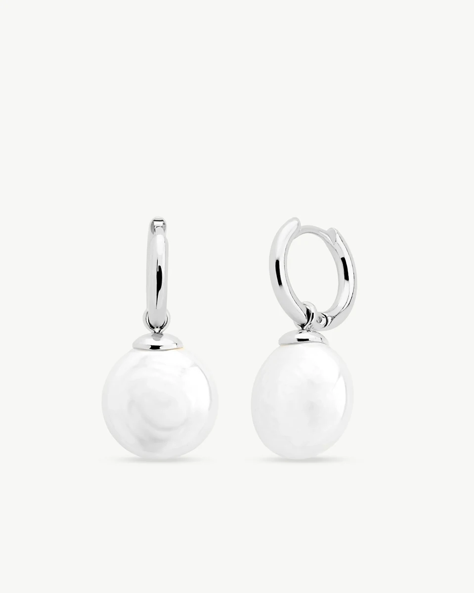 Front view of hoop earrings with white pearl, set against a pure white background.