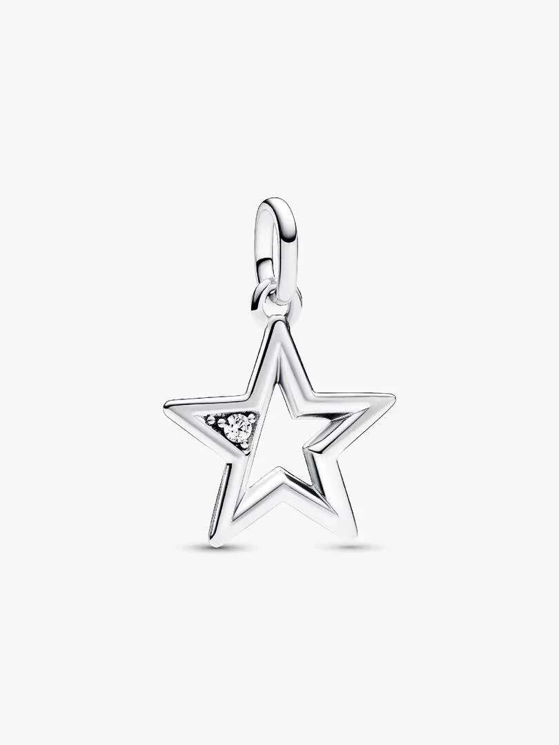 Silver star charm with inset cubic zirconia, front view on a white background.
