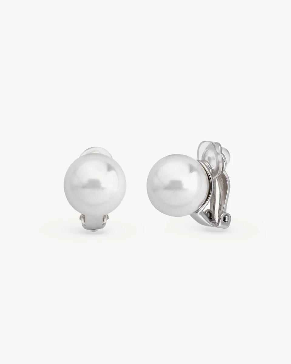 Pair of white pearl earrings shown from front and profile views, on a pure white background.