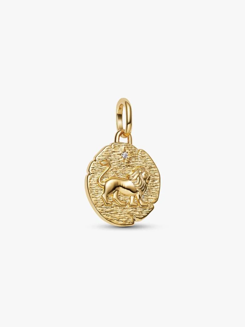 Front view of the gold lion medallion charm on a neutral white background.