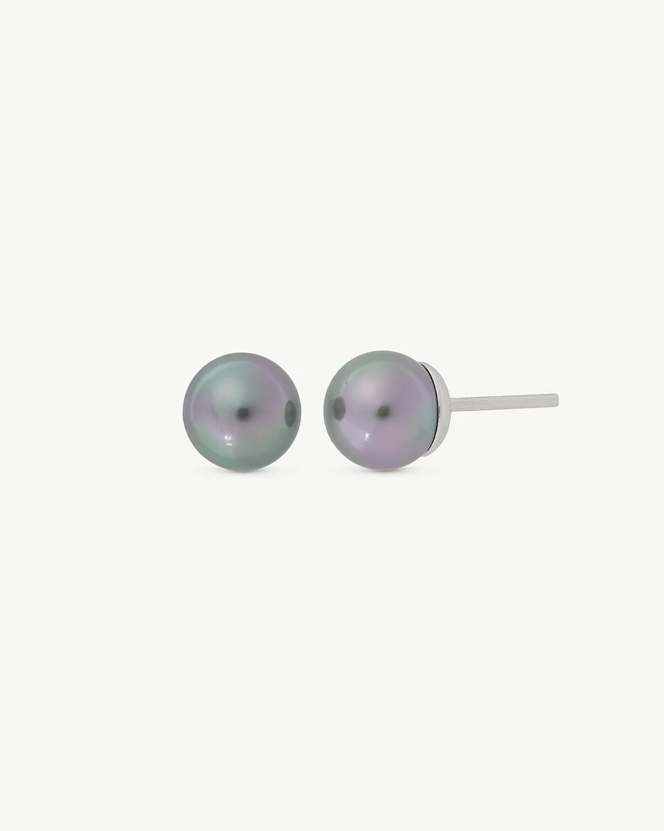 Front view of grey pearl stud earrings on a white background, showing the side post.
