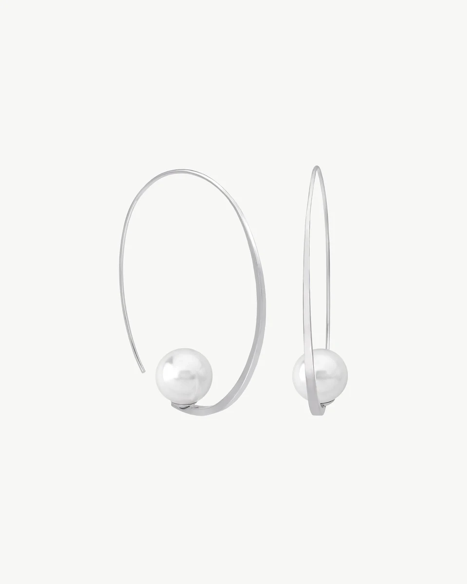 Hoop earrings with white pearl, front view on a pure white background.