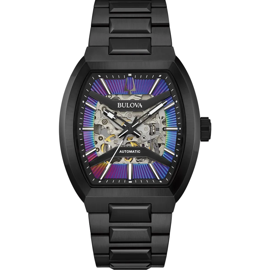 Vista frontal del reloj con esfera skeleton y detalles irisados, caja y brazalete negros, fondo blanco