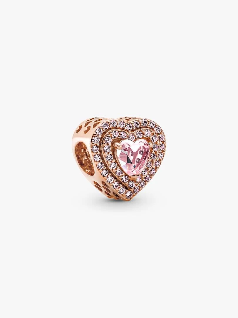 Rose gold heart charm with central pink stone, angled front view on a white background.