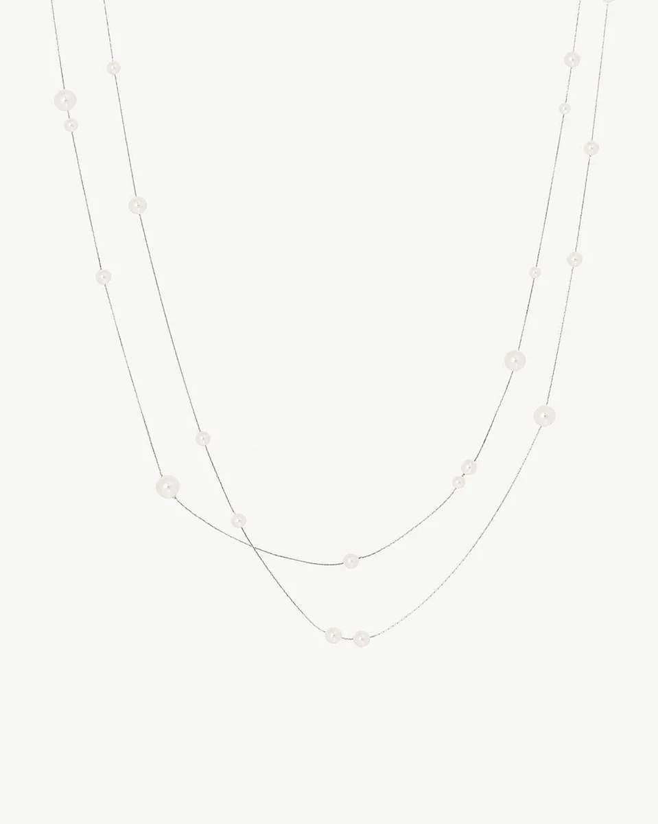 Double fine chain necklace with white pearls, front view on a white background.