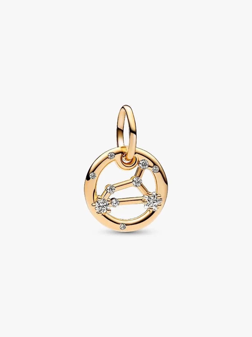 Front view of Leo zodiac charm, white background, showing the symbol and cubic zirconia details.