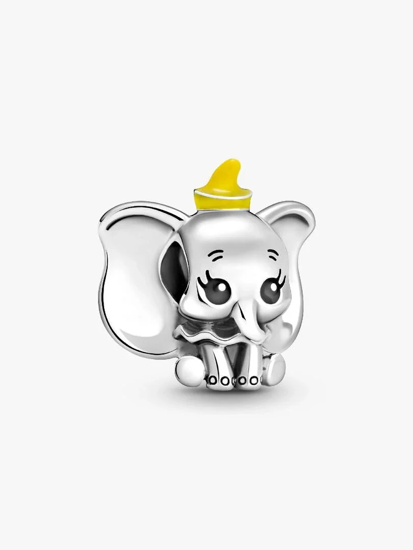 Charm éléphant vue de face, finition argentée avec détails jaunes, fond blanc neutre.