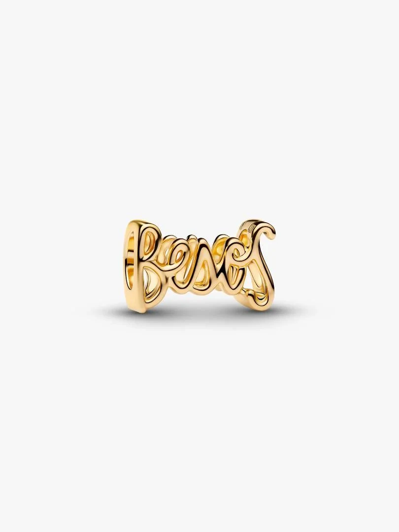 Gold word charm shown from a front view, slightly high angle, on a pure white background.