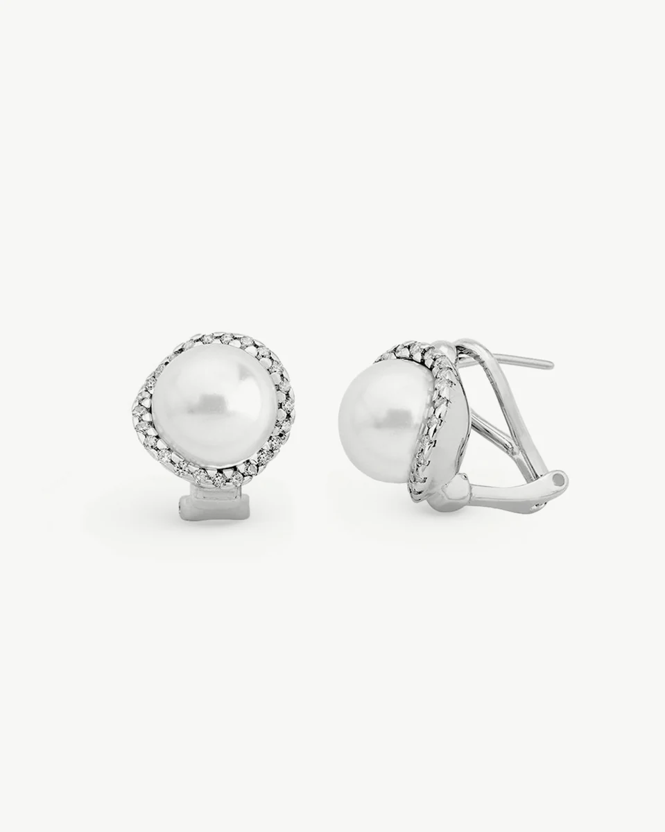 Front and side view of the earrings on a white background, showing the omega clasp detail.