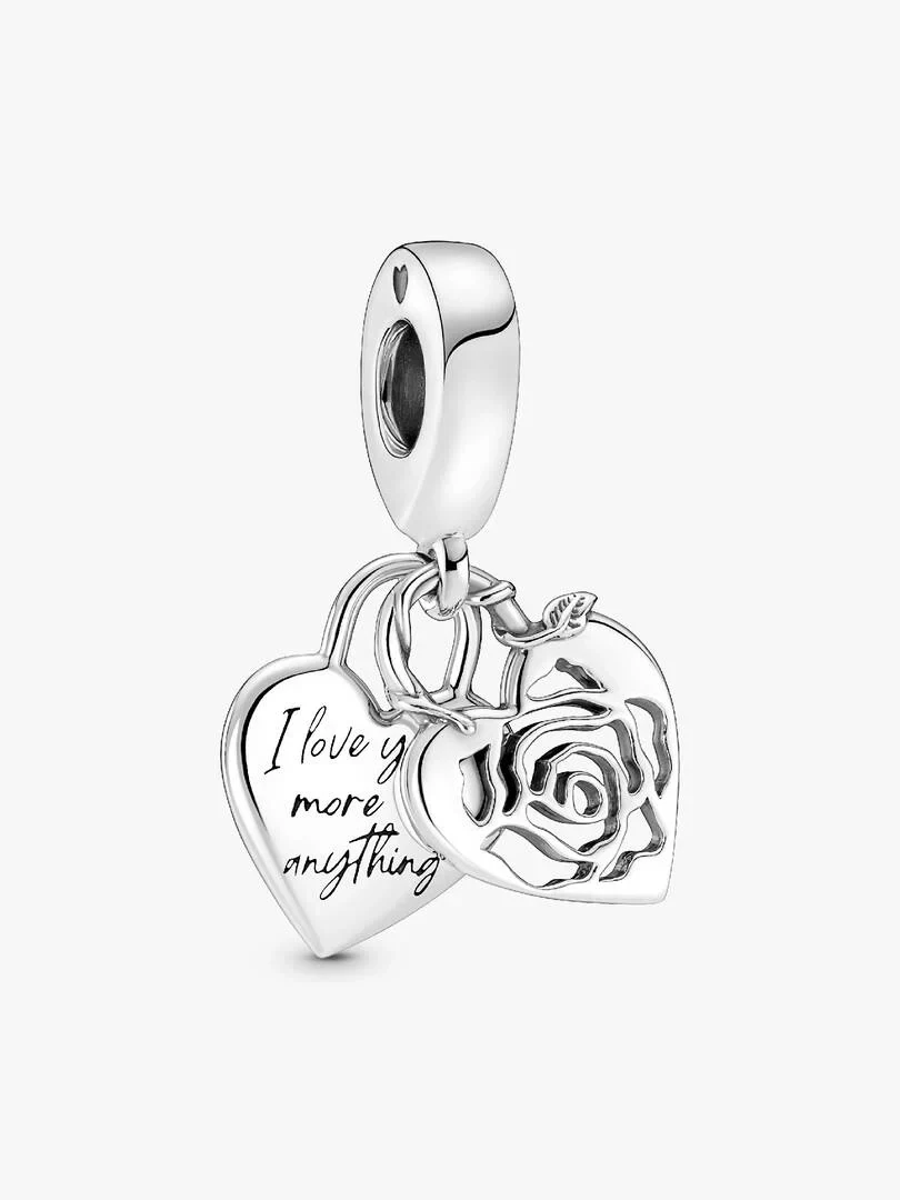 Silver heart charm with engraved text, front view at a slight angle on a white background.
