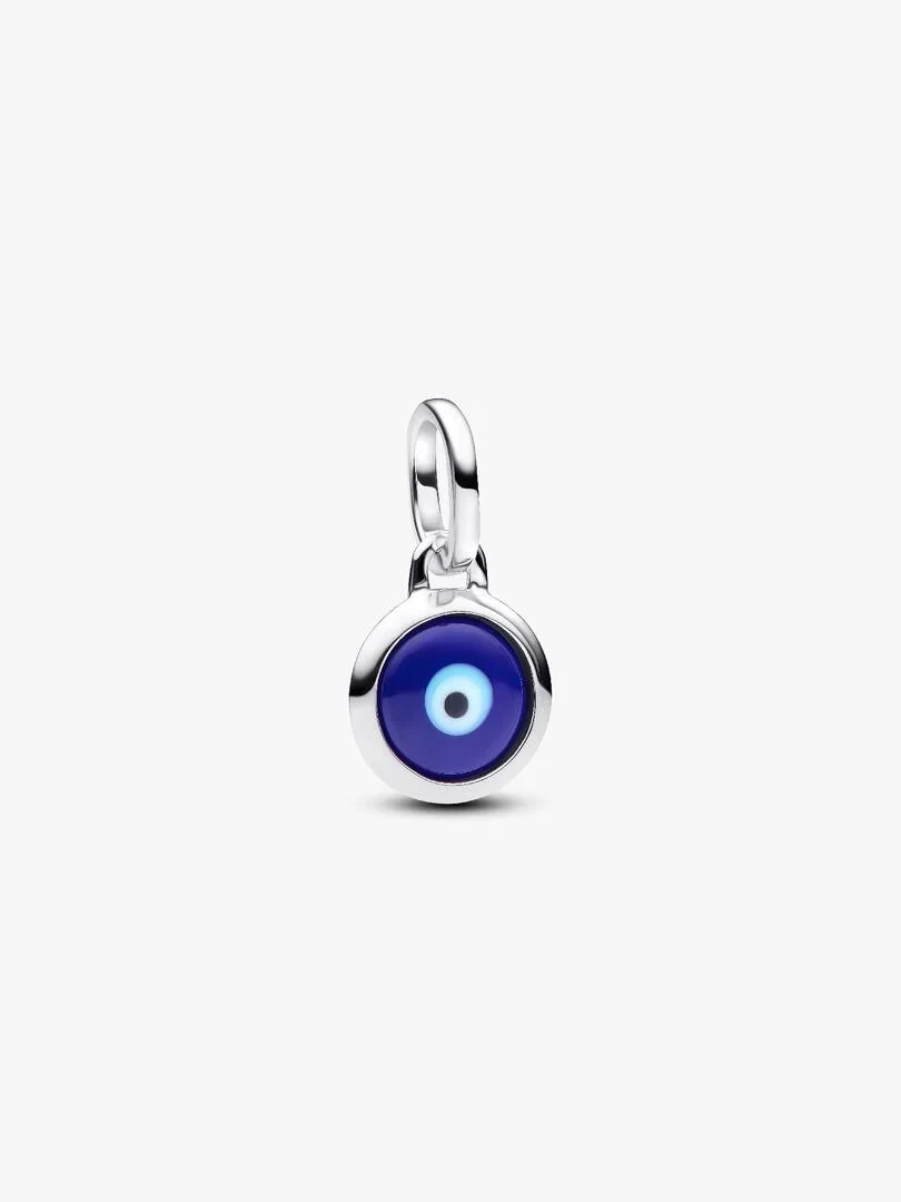 Blue Murano glass evil eye charm in sterling silver, front view on white background.