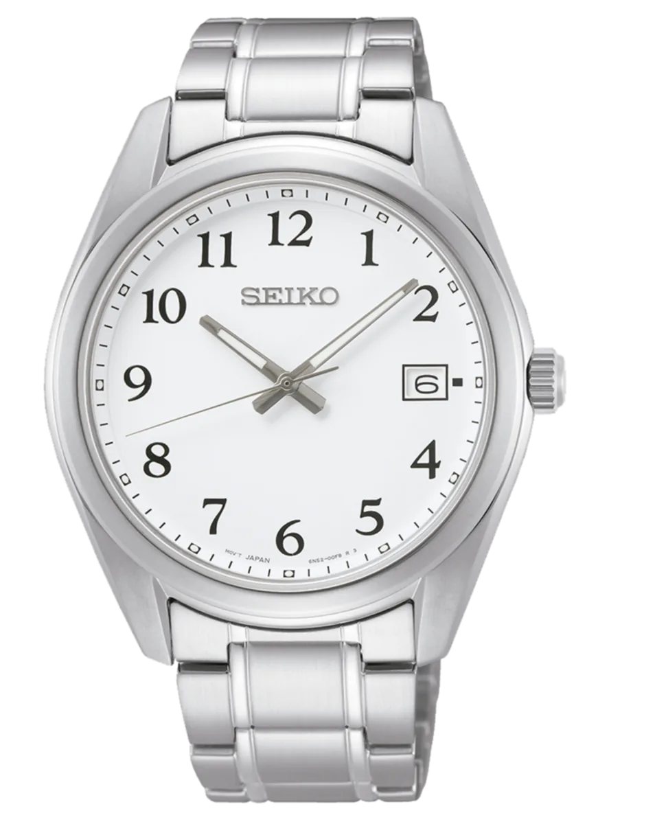 Vista frontal completa del reloj con brazalete de acero y esfera blanca sobre fondo blanco.