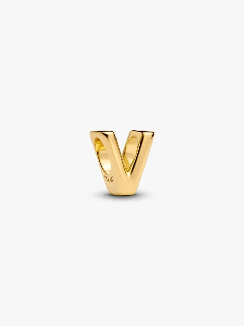 Gold-tone letter V charm, front view at a slight high angle on a white background.