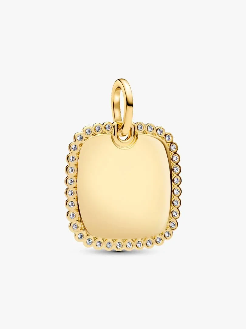 Front view of a square 14k gold-plated charm with cubic zirconia border on a white background.