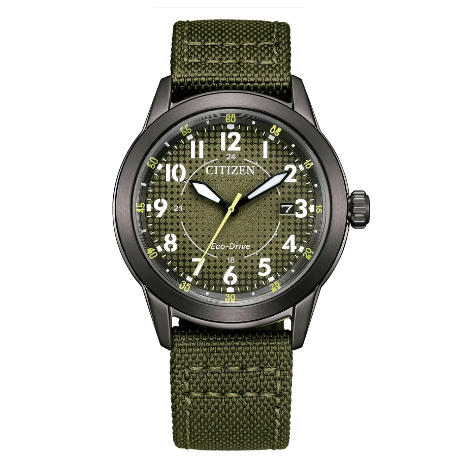 Vista frontal completa del reloj con correa de nylon verde sobre fondo blanco