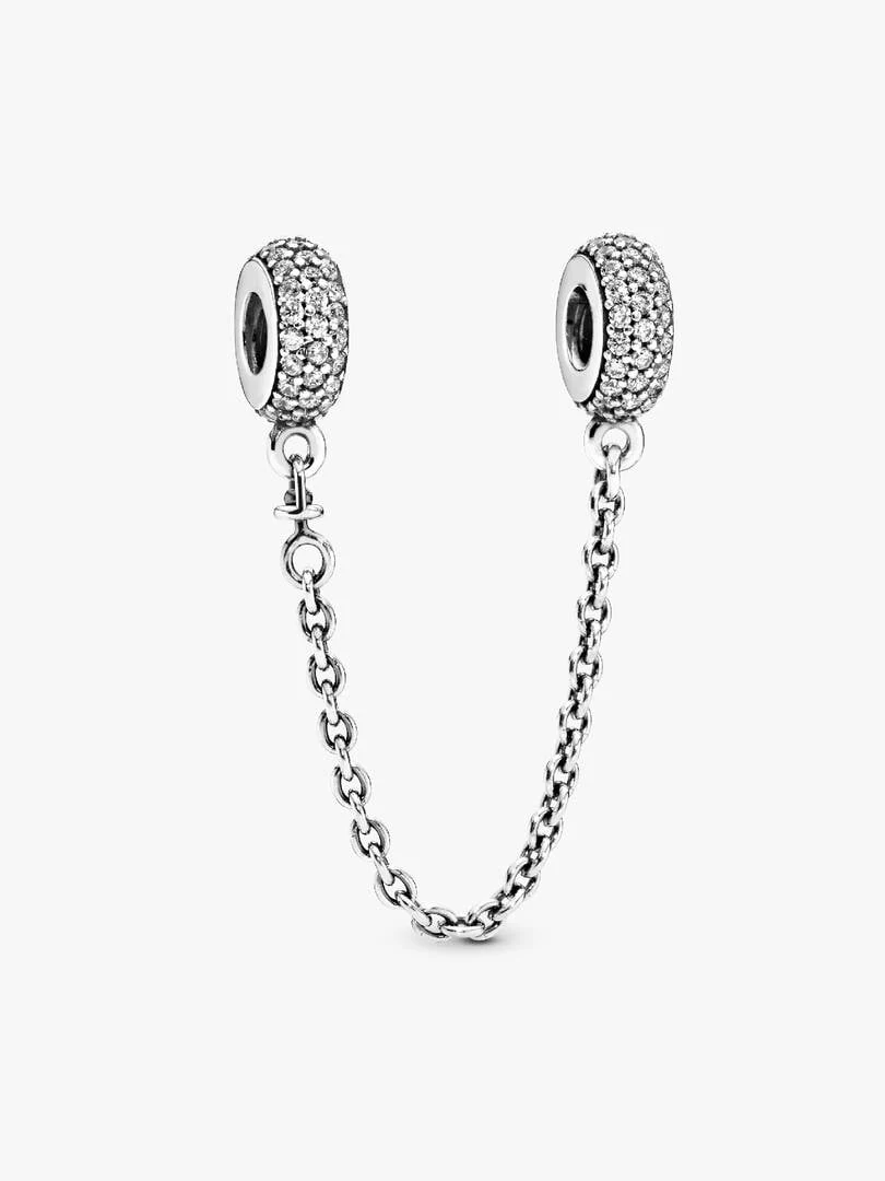 Safety chain with pavé cubic zirconia ends, front view on a white background.