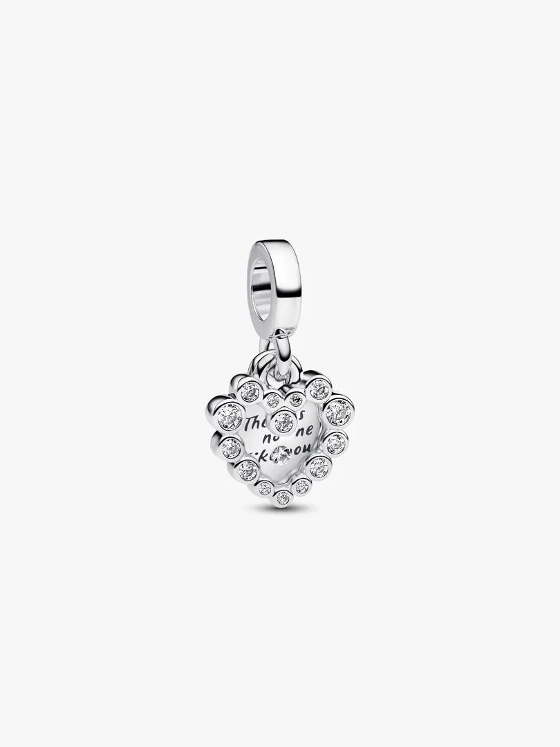 Heart charm with cubic zirconia, front view on a pure white background.