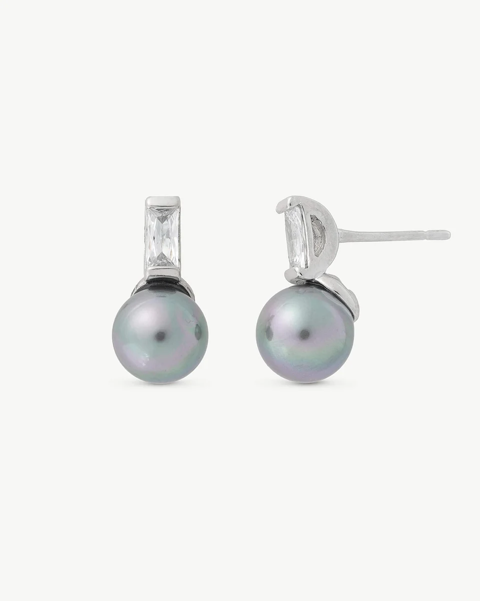 Front view of grey pearl and cubic zirconia stud earrings on a neutral white background.