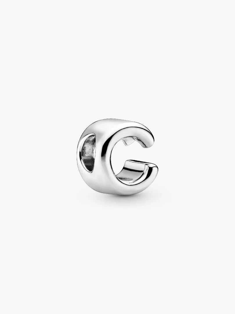 Silver letter C charm, side angle view, isolated on a pure white background.