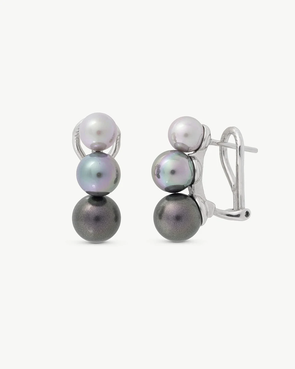 Front and side view of the triple pearl earrings on a white background.
