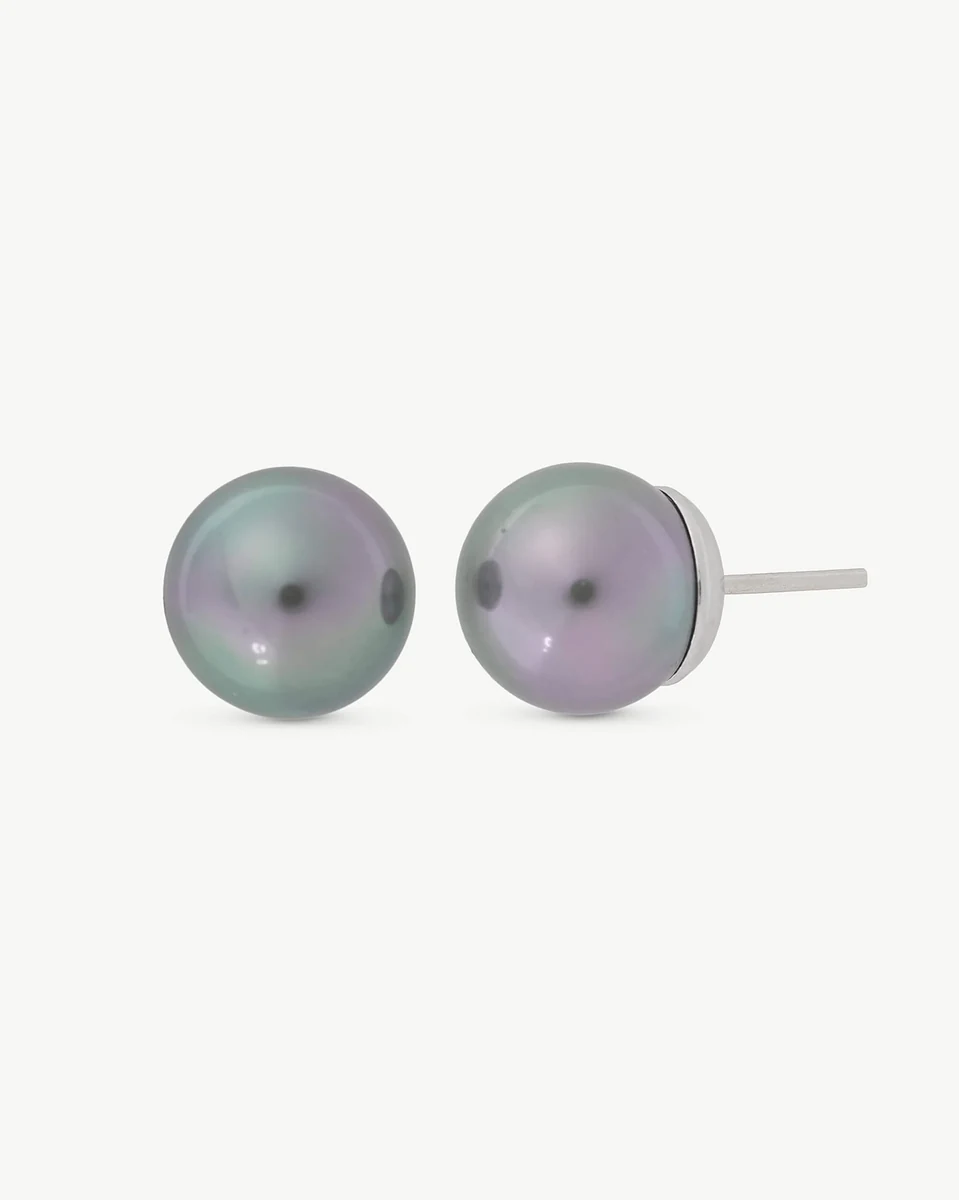 Pair of grey pearl stud earrings on white background, front and side view showing the post.