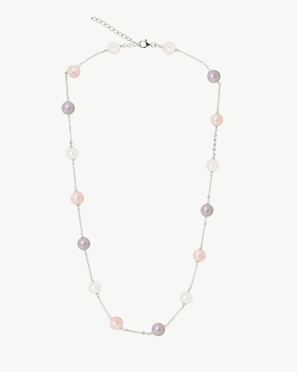 Silver chain and pearl necklace on white background, full frontal view showing the clasp.