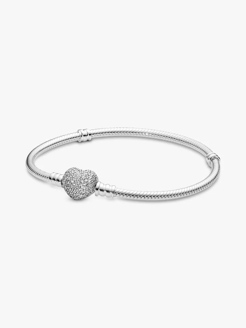 Snake chain bracelet with pavé heart clasp, front view on a white background.
