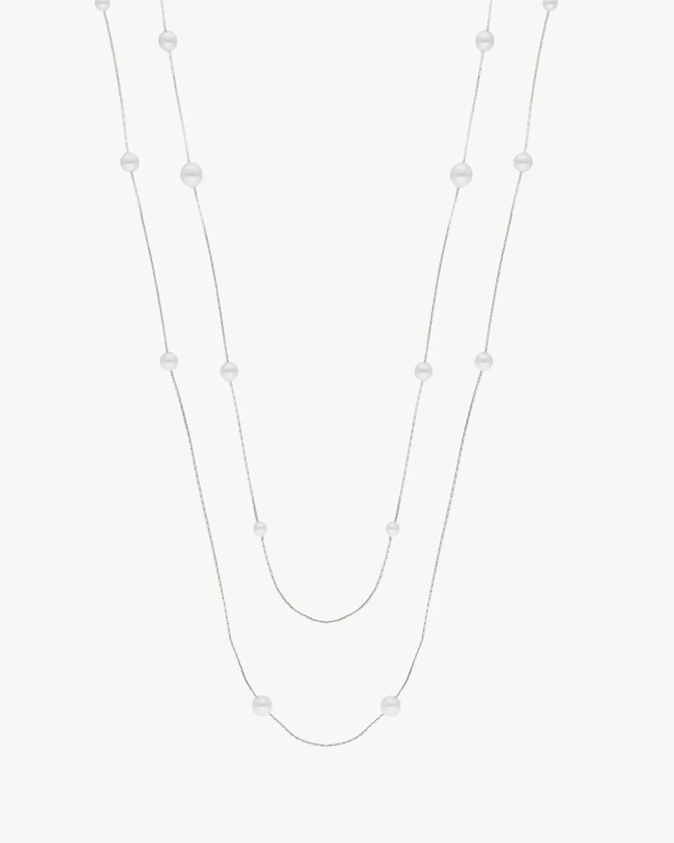 Double-strand pearl necklace on white background, centered frontal view.