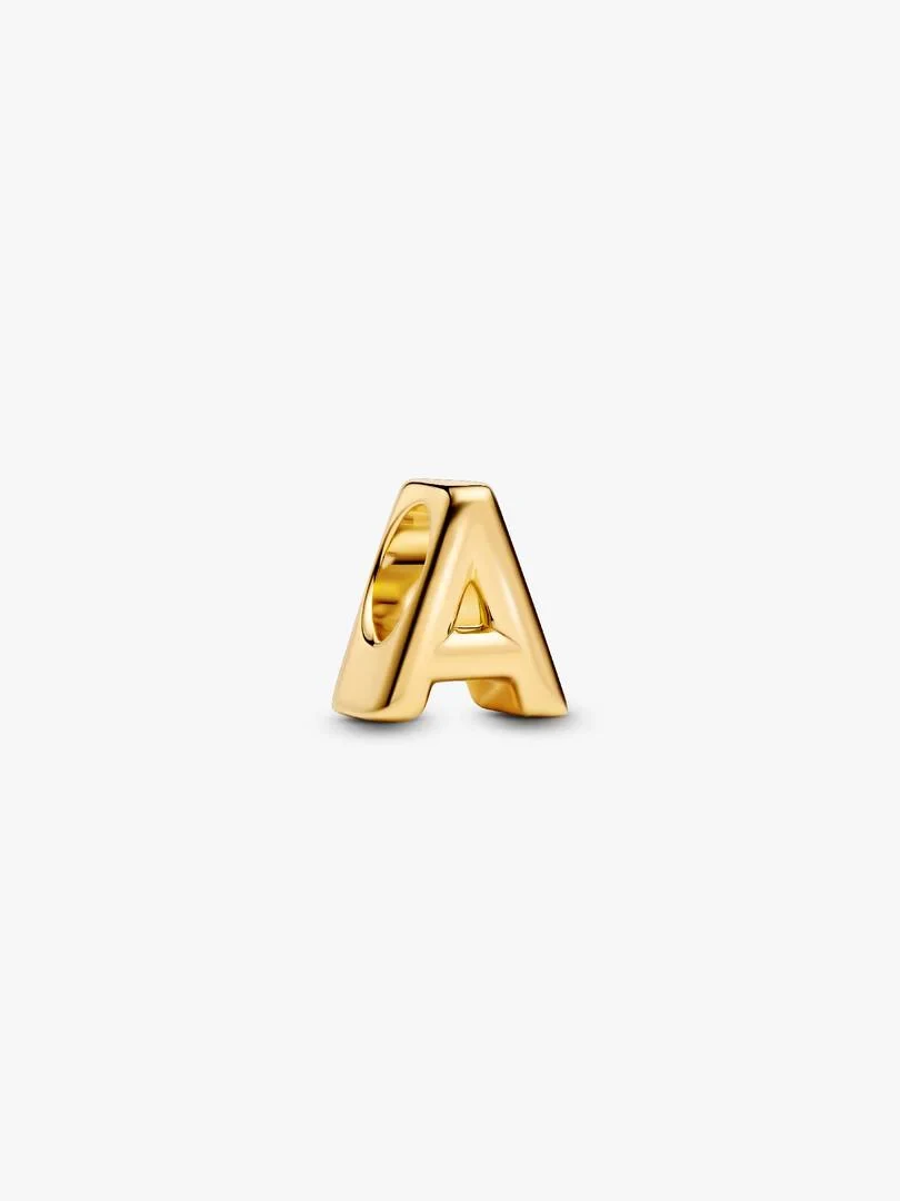 Gold letter A charm shown from a side angle, isolated on a white background.