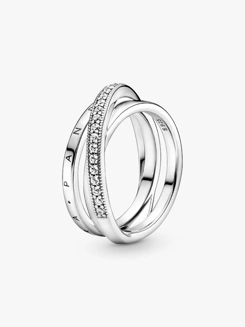 Bague triple en argent massif, vue de profil en angle sur fond blanc.