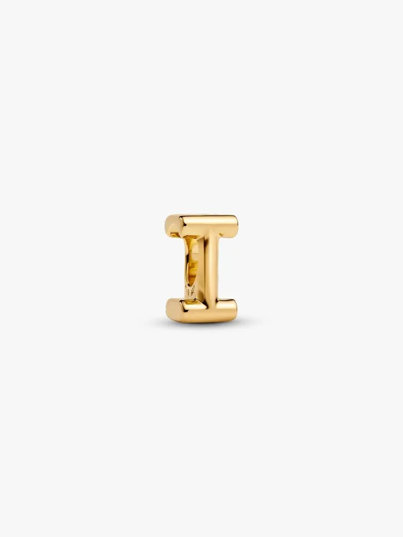 Gold-tone letter I charm, front view at a slight high angle on a pure white background.