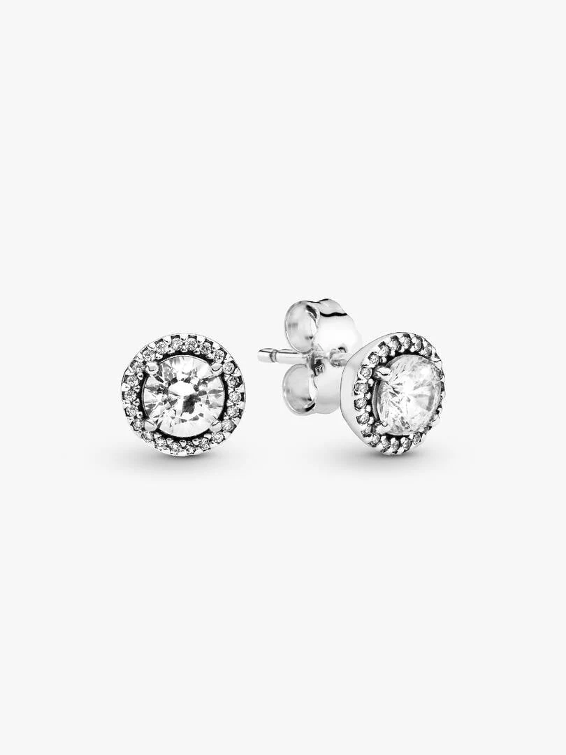 Pair of stud earrings with cubic zirconia, front view at a slight angle on a white background.