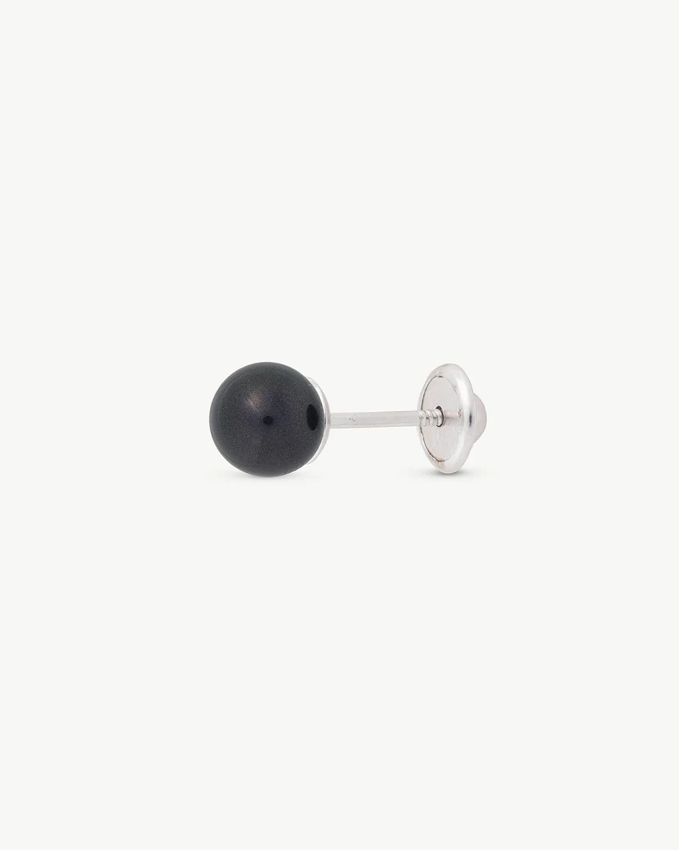 Black pearl stud earring shown in profile view, side shot on a pure white background.