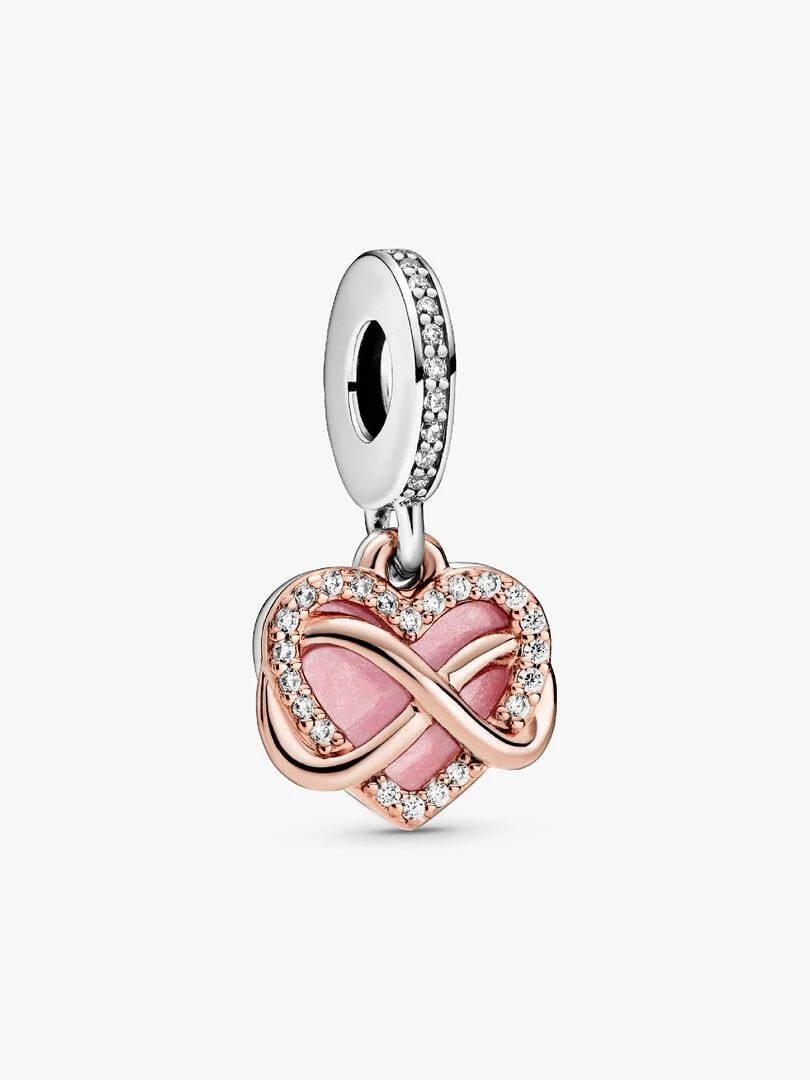 Heart and infinity symbol charm with cubic zirconia, front view on a white background.