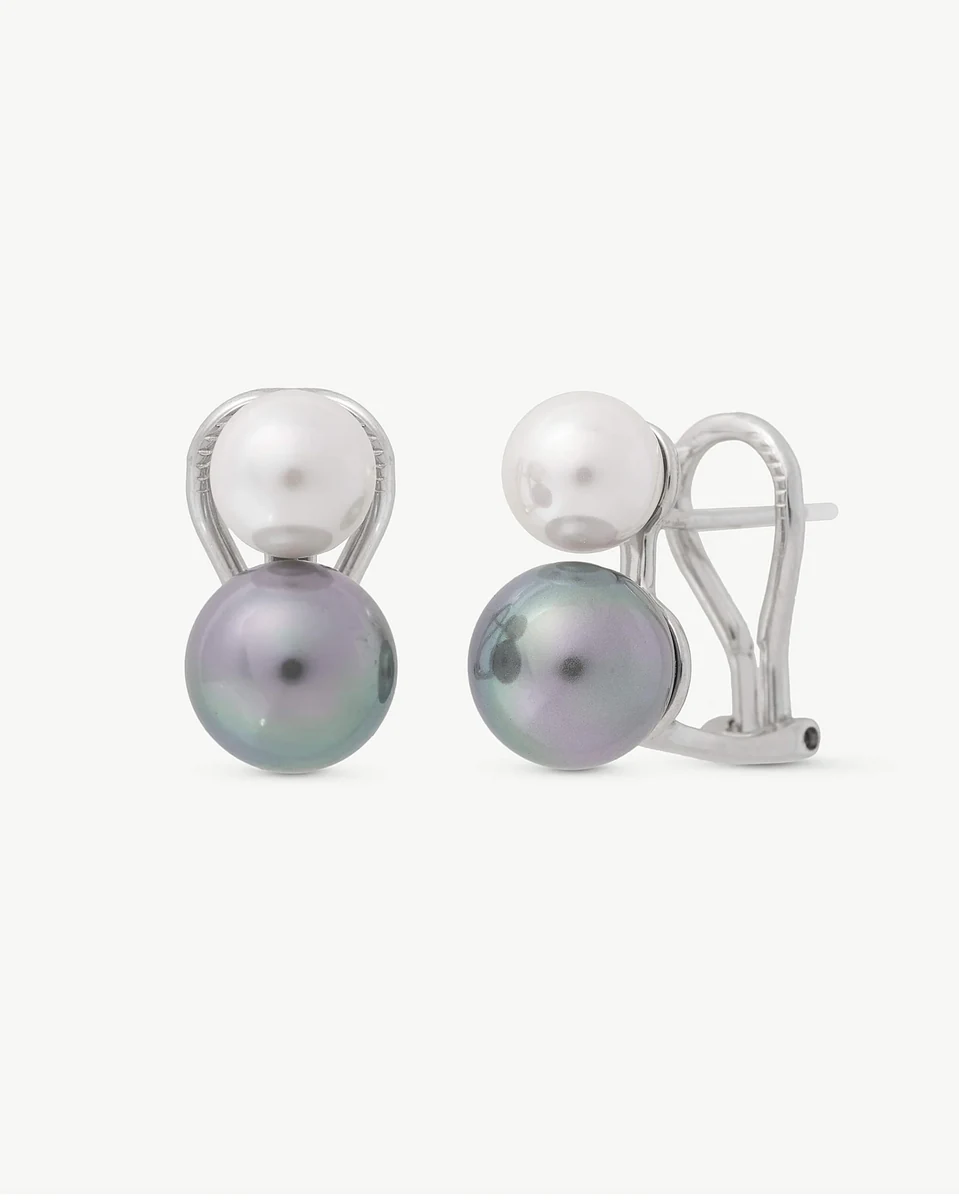 Double pearl earrings shown front and profile views, on a white background.